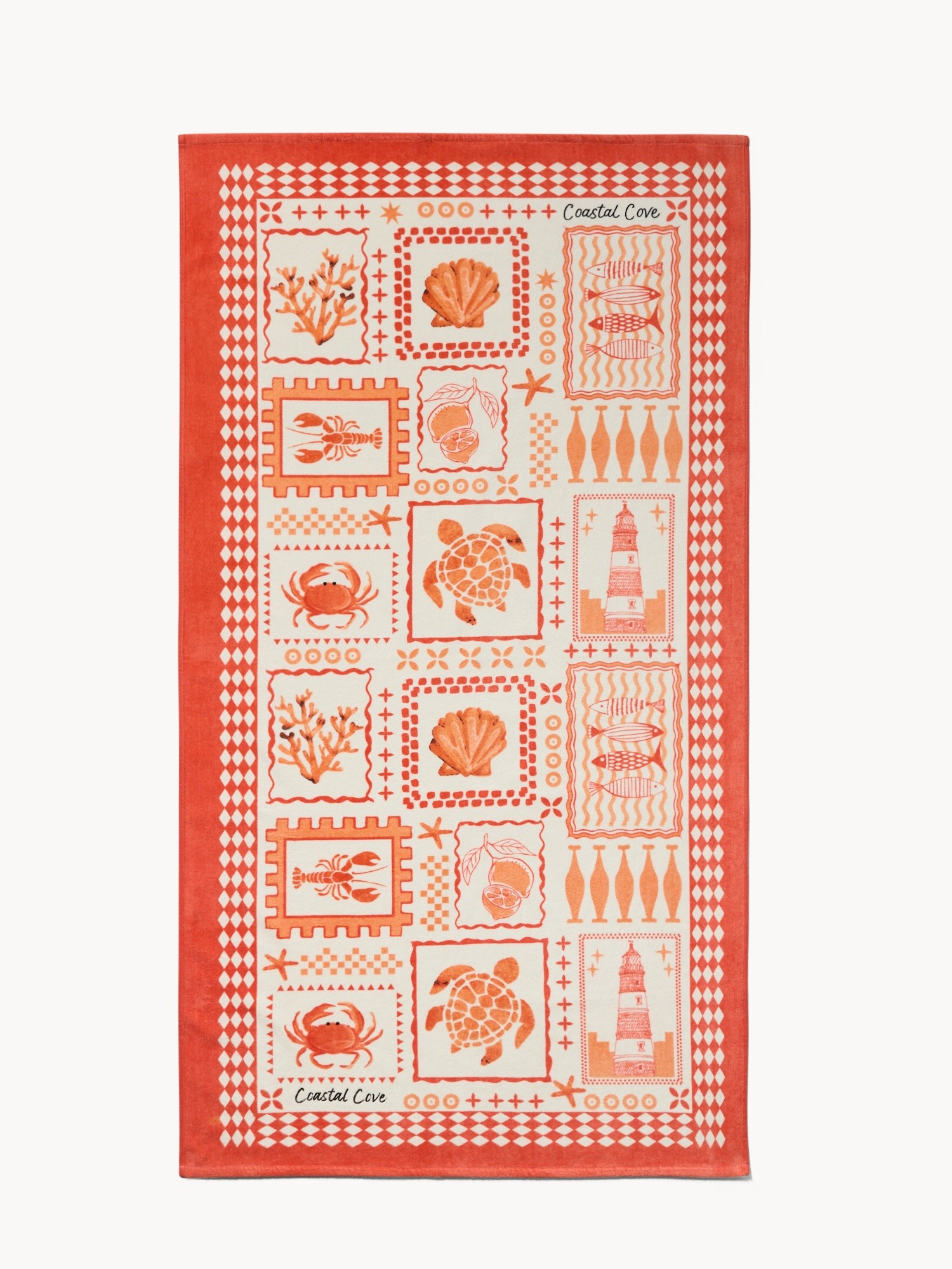 Soft cotton velour beach towel with a marine print - Introductory price, Coral Red, large image number 0