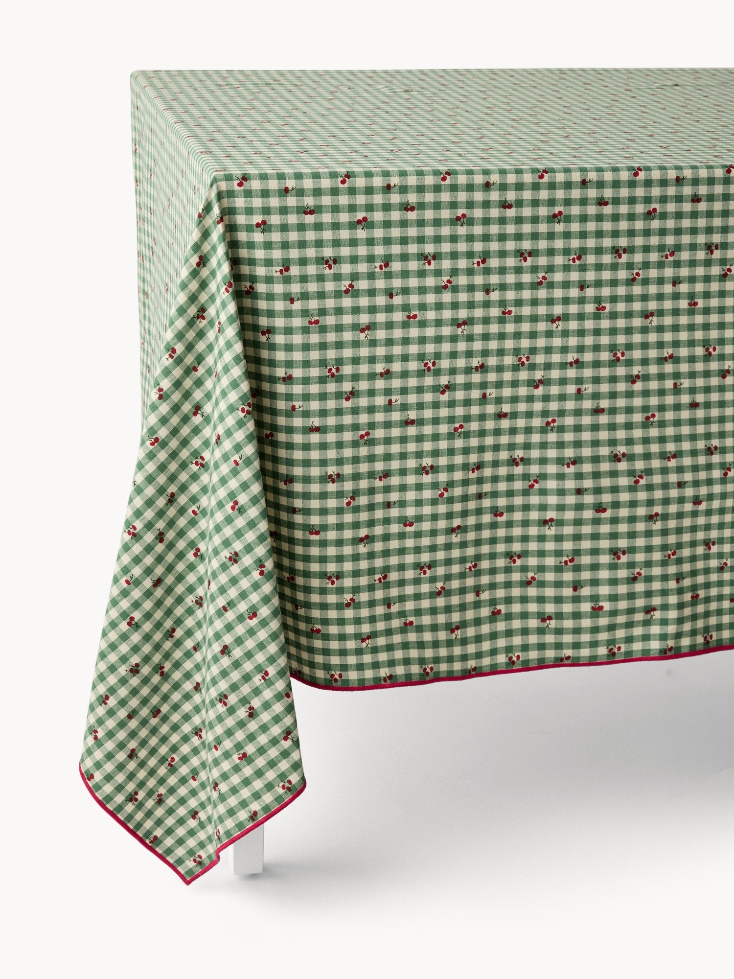 Tovaglia in puro cotone tinto filo vichy con stampa ciliegie e overlock - Prezzo di lancio, Verde, large image number 0