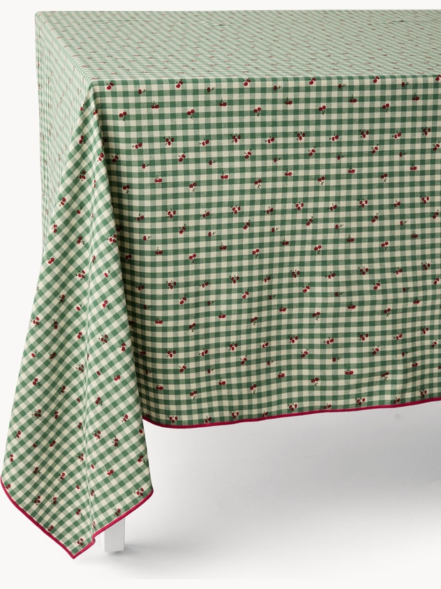 Tovaglia in puro cotone tinto filo vichy con stampa ciliegie e overlock - Prezzo di lancio