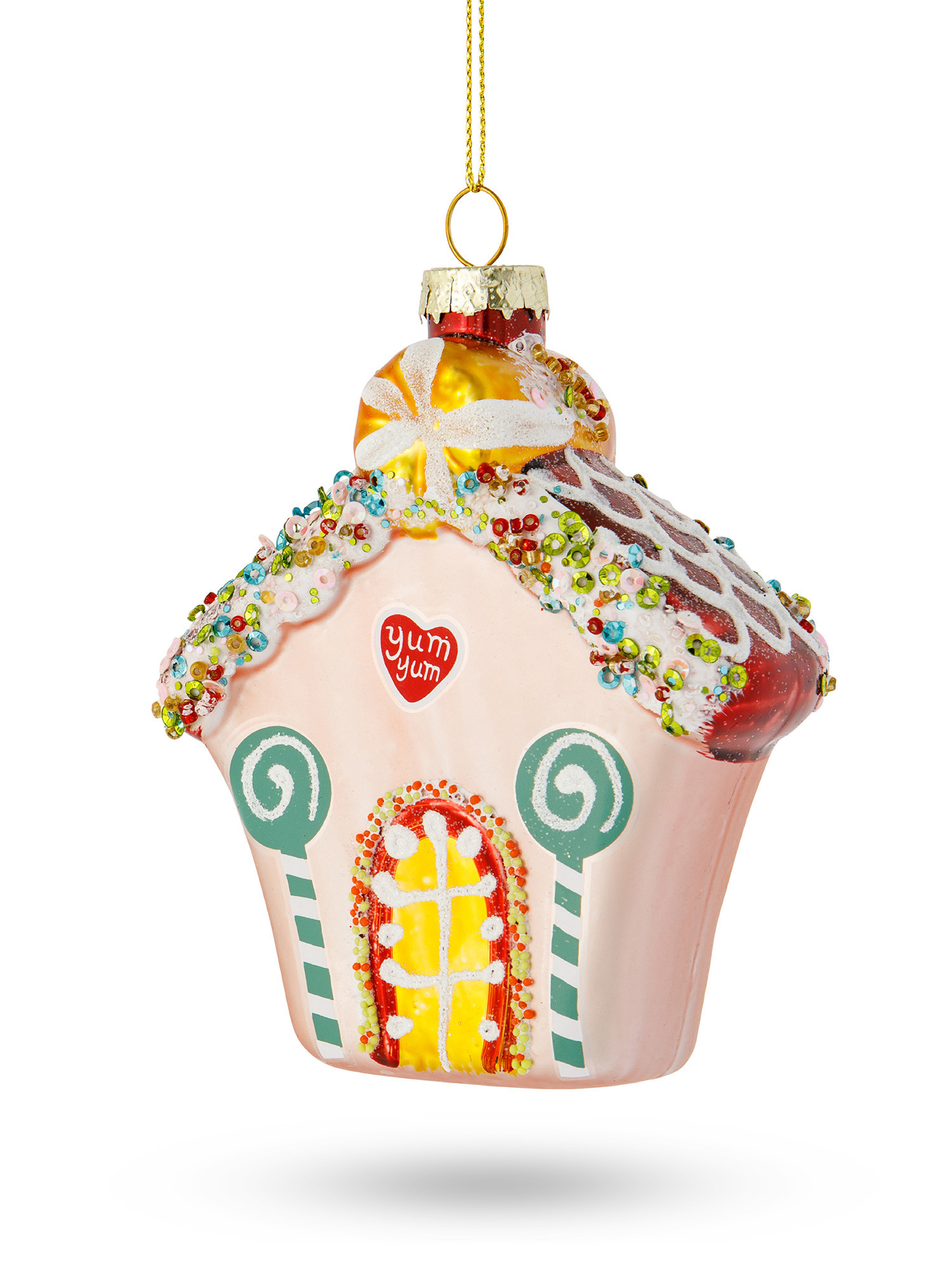 Hand decorated glass candy house tree decoration, Pink, large image number 1