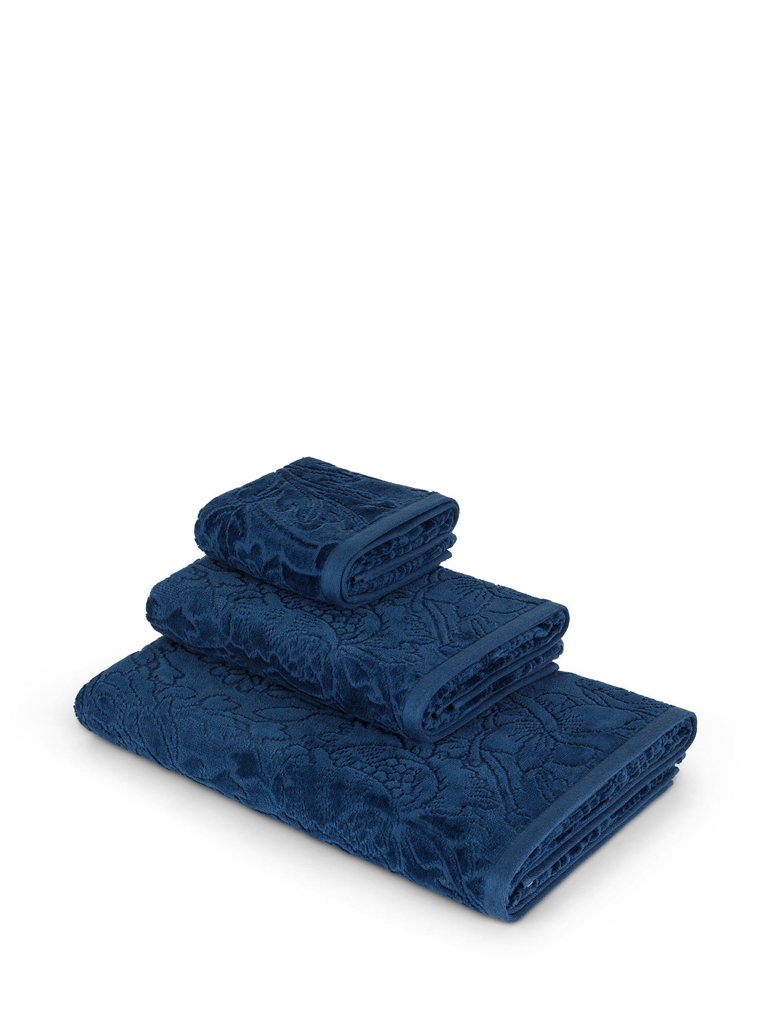 Asciugamano in velour di puro cotone tinta unita con lavorazione fiori, Blu, large image number 0
