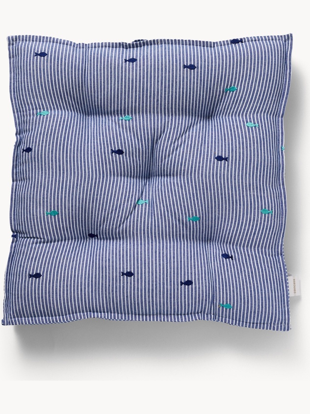 Yarn-dyed cotton mattress cushion with striped fish embroidery