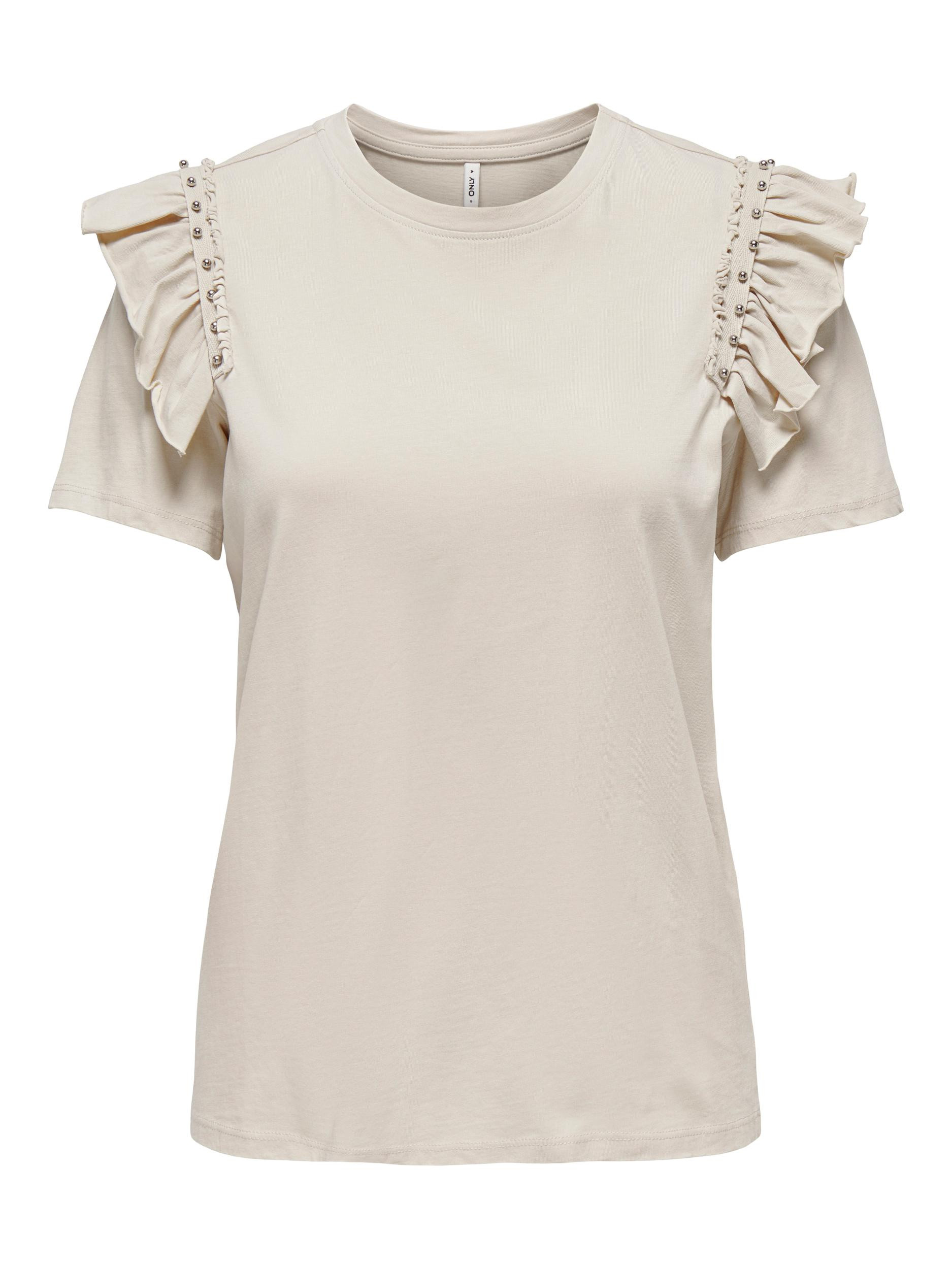 Only - Regular fit cotton T-shirt with ruffles, Beige, large image number 0
