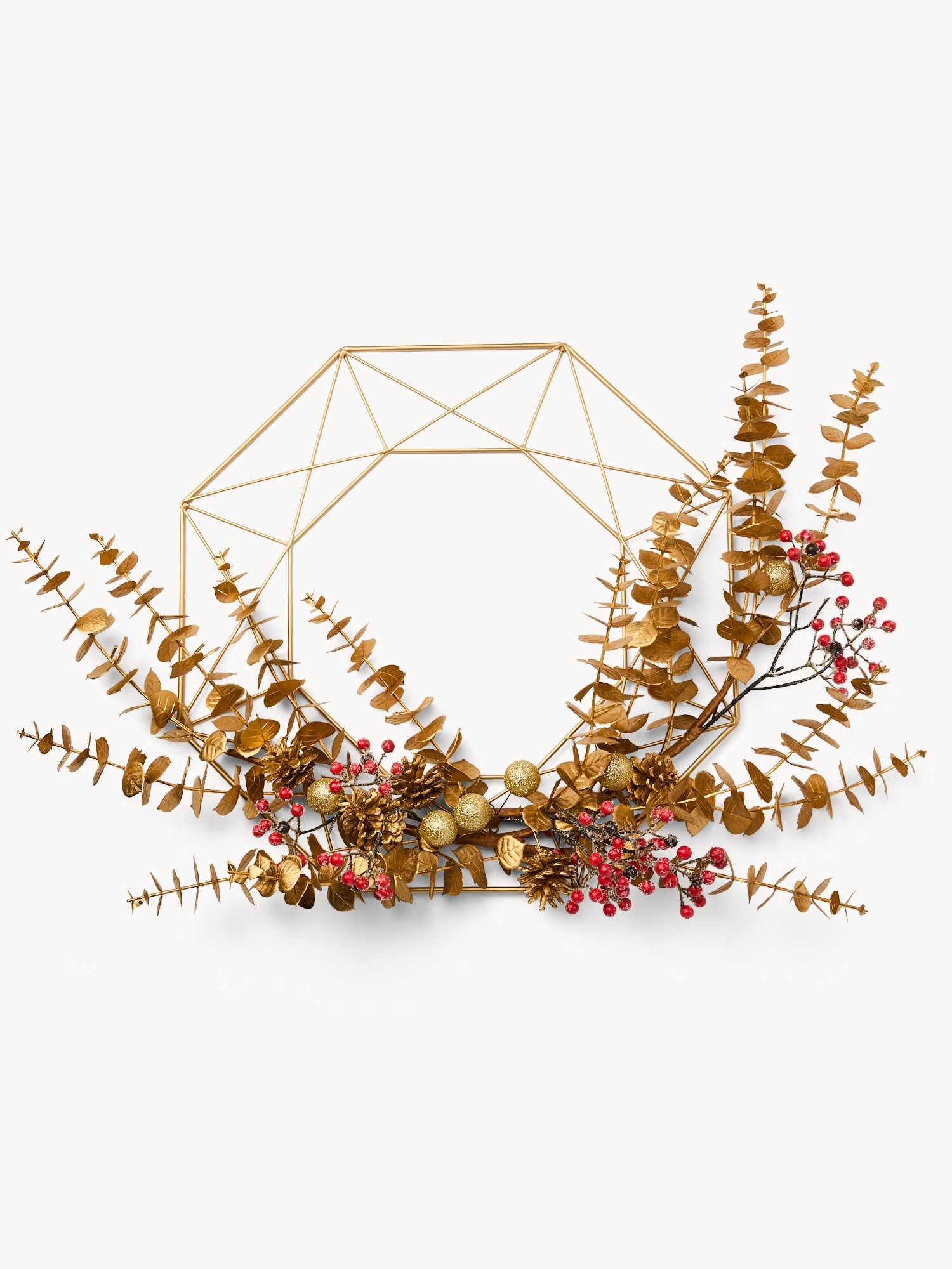 Metal geometric wreath with faux flowers, Gold, large image number 0