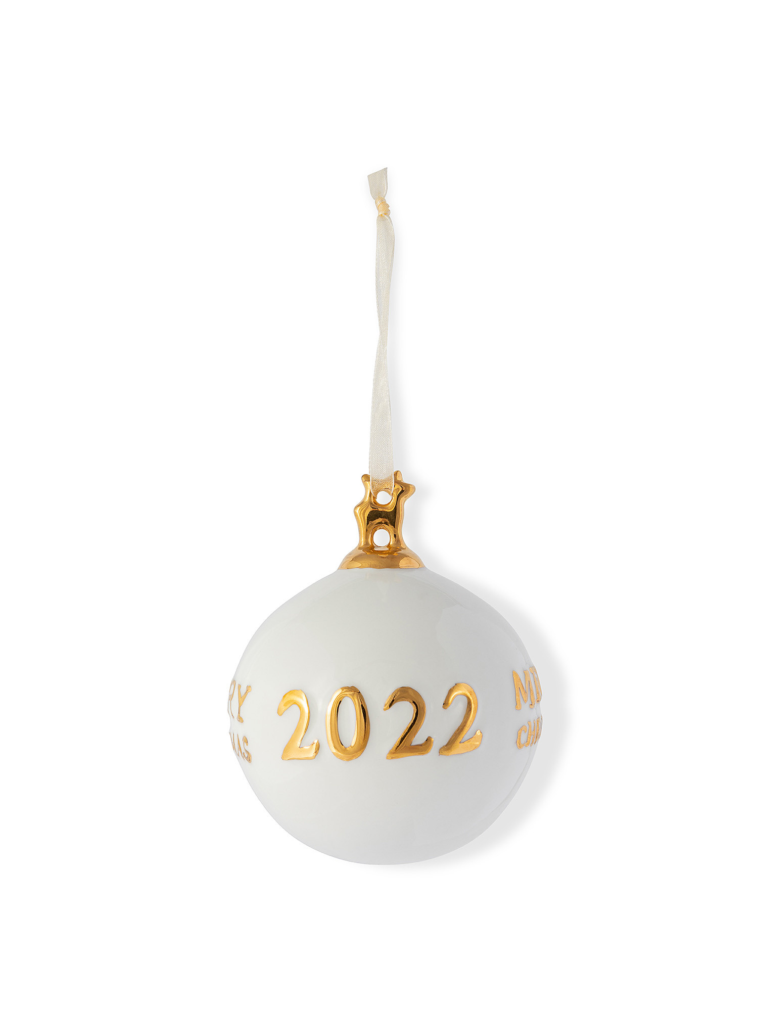 Sfera Natale 2022 in porcellana decorata a mano, Bianco, large image number 0