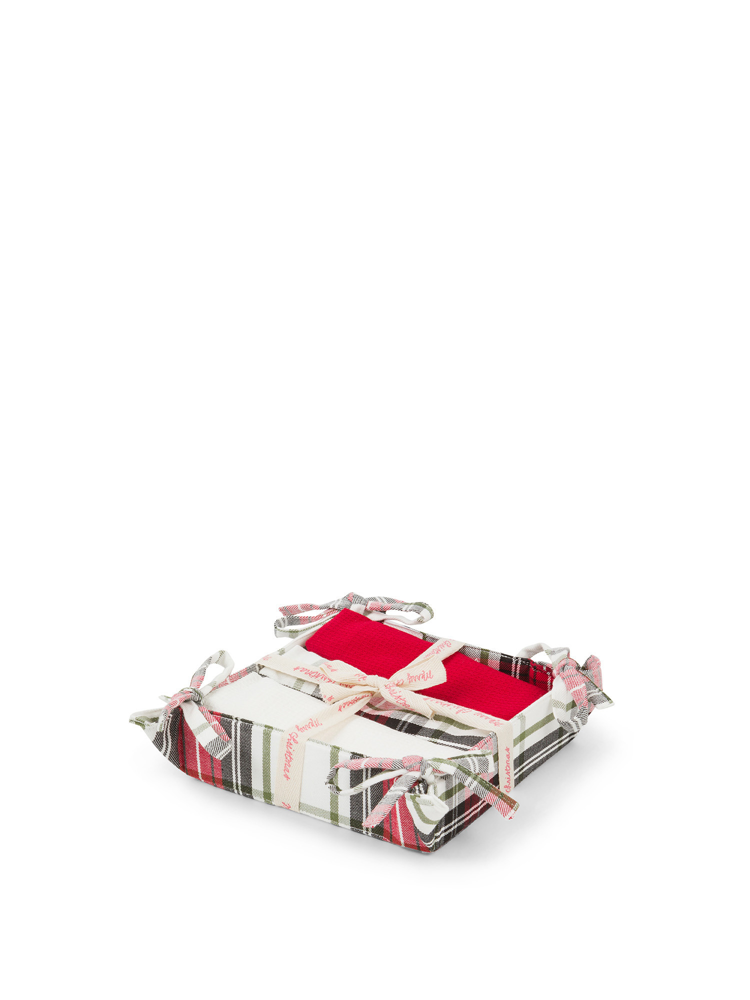 Set cestino e 3 strofinacci cotone tartan, Bianco, large image number 0