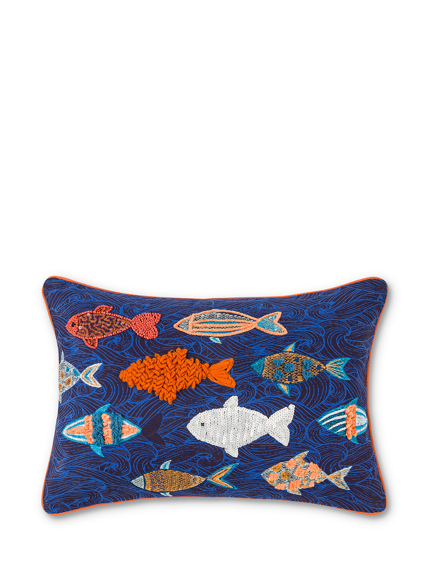 Cotton cushion with fish embroidery 35x50cm, Blue, large image number 0