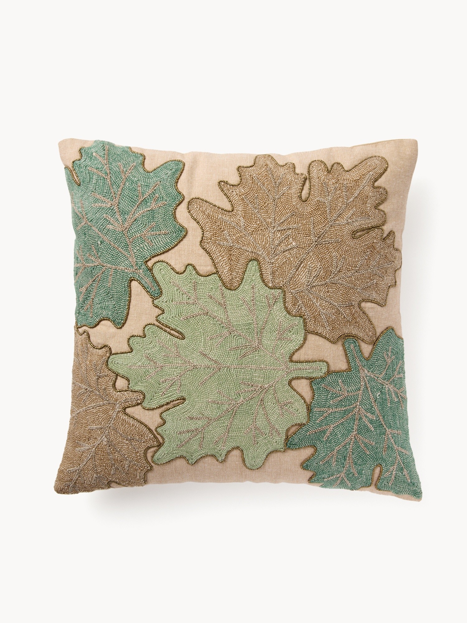 Pillow with leaf and bead embroidery 45x45cm, Verde/Naturale, large image number 0