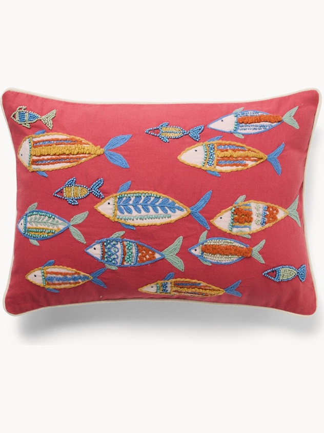 Cotton cushion with fish embroidery,35x50cm - Introductory price