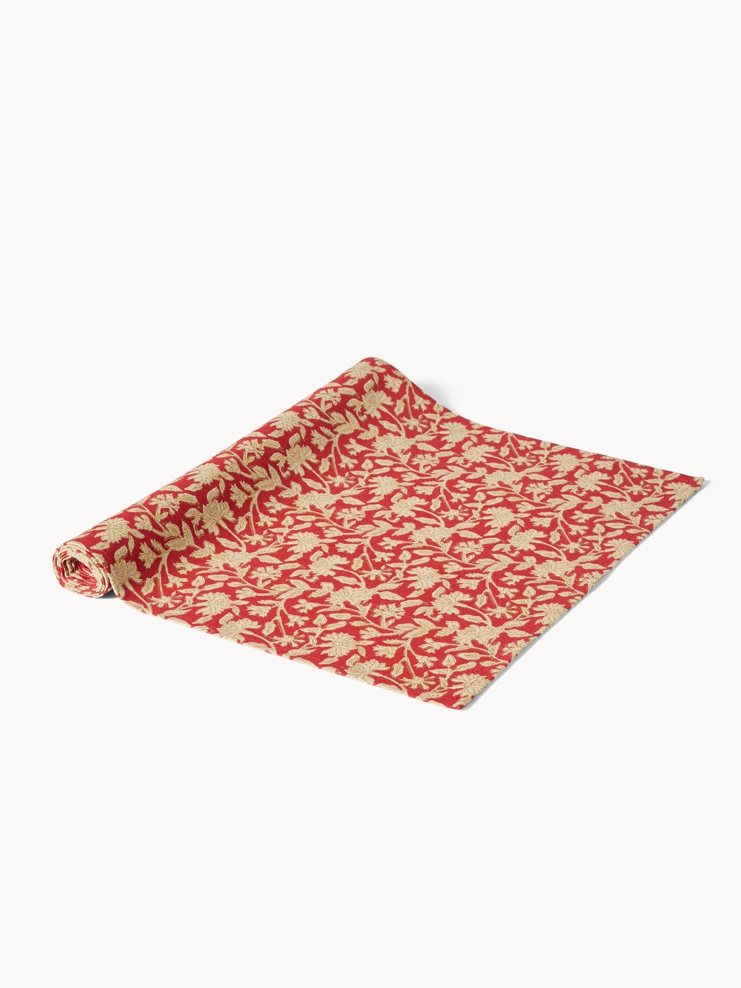 Pure cotton table runner with hand-printed design and gold details, Red, large image number 0