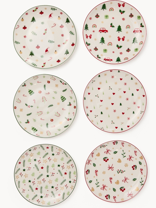 Set of 6 bread plates in New Bone China with Christmas motifs