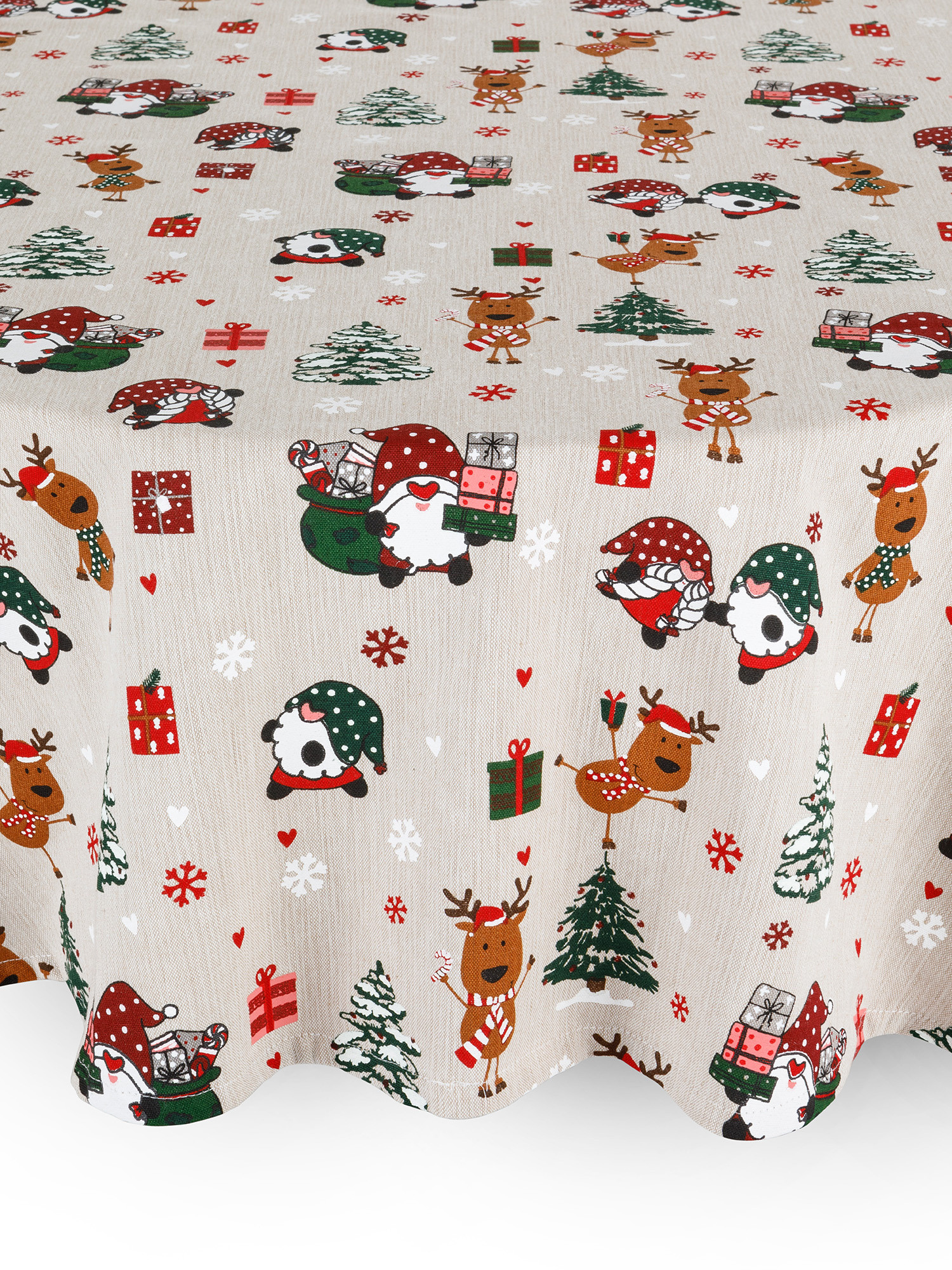 Round panama cotton tablecloth with Christmas print, Beige, large image number 0