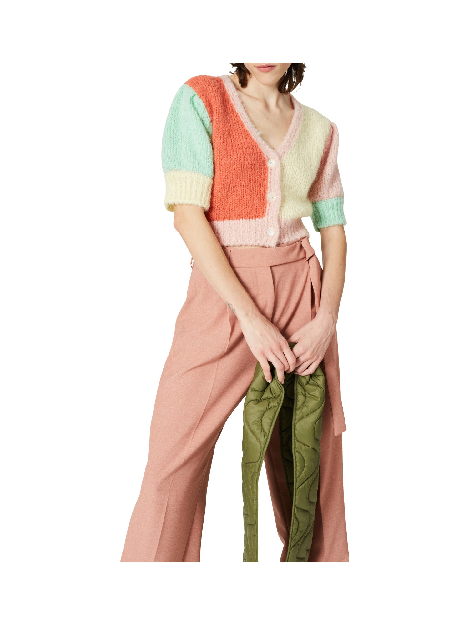 Multicolor pied de poule trousers in polyester-viscose blend with wide leg, Pink, large image number 4