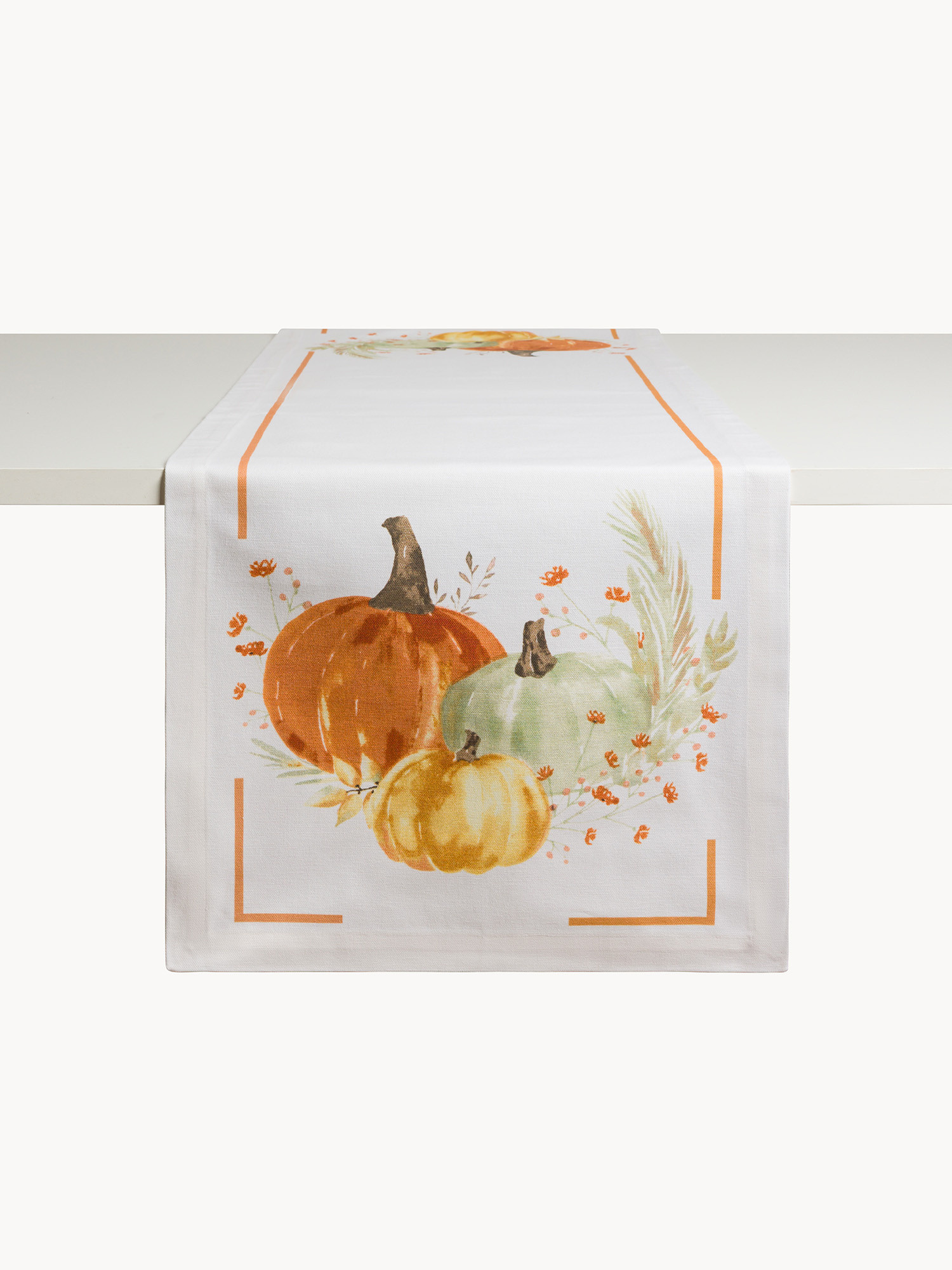 Pure cotton table runner with pumpkin print, White, large image number 1