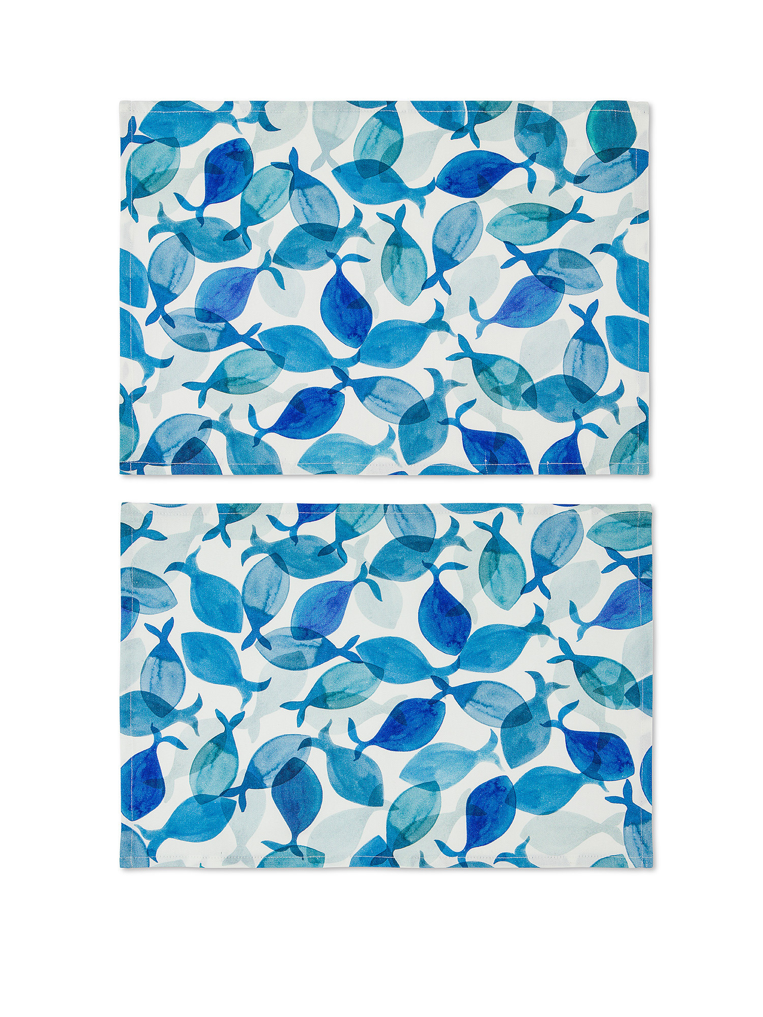 Set 2 tovagliette puro cotone stampa pesci, Blu, large image number 0