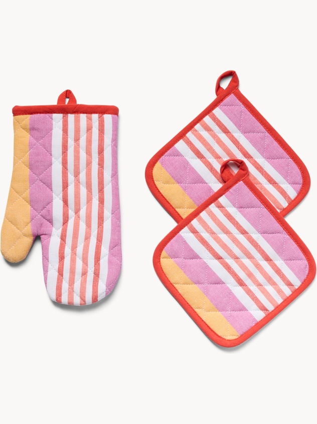 Set of 2 Striped Yarn-Dyed Cotton Oven Mitts and Pot Holders