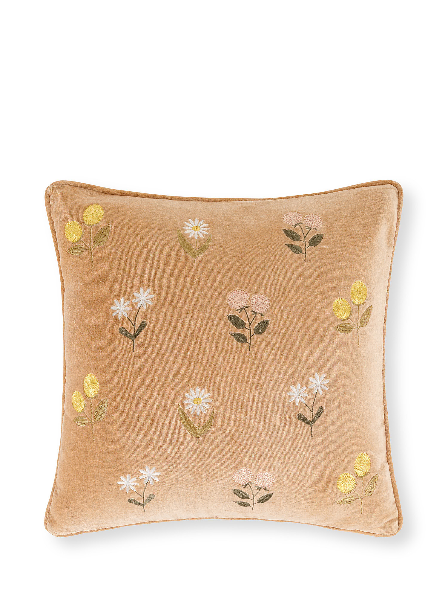 Velvet cushion with flower embroidery 45x45cm, Beige, large image number 0