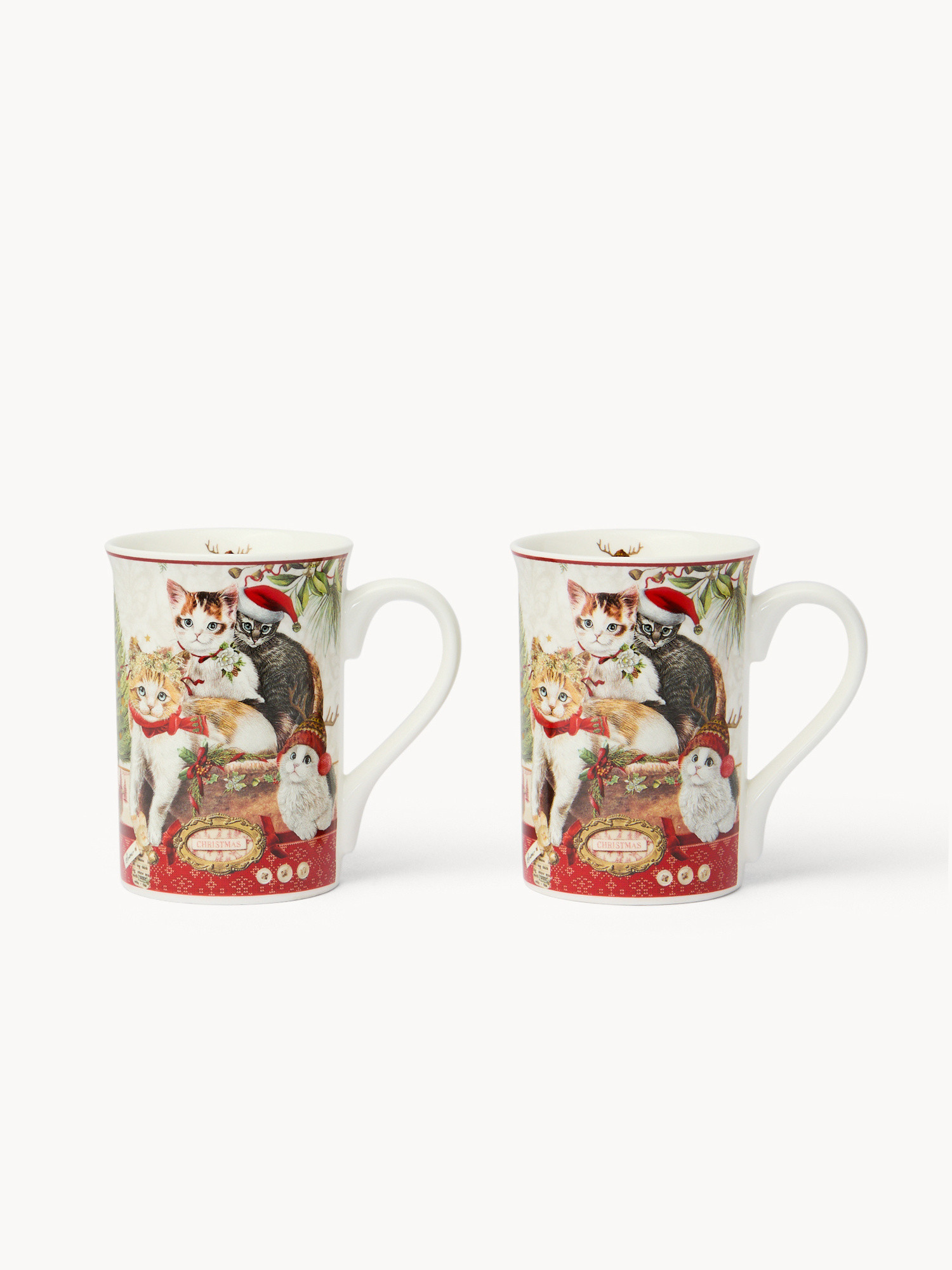 Set of 2 cat-shaped New Bone China mugs, Red, large image number 0