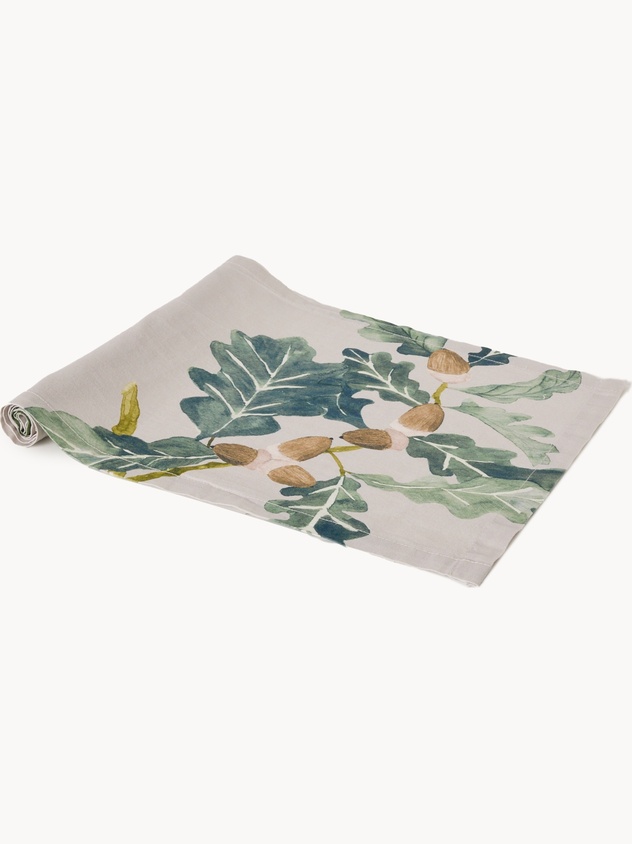 Linen blend table runner with a botanical print