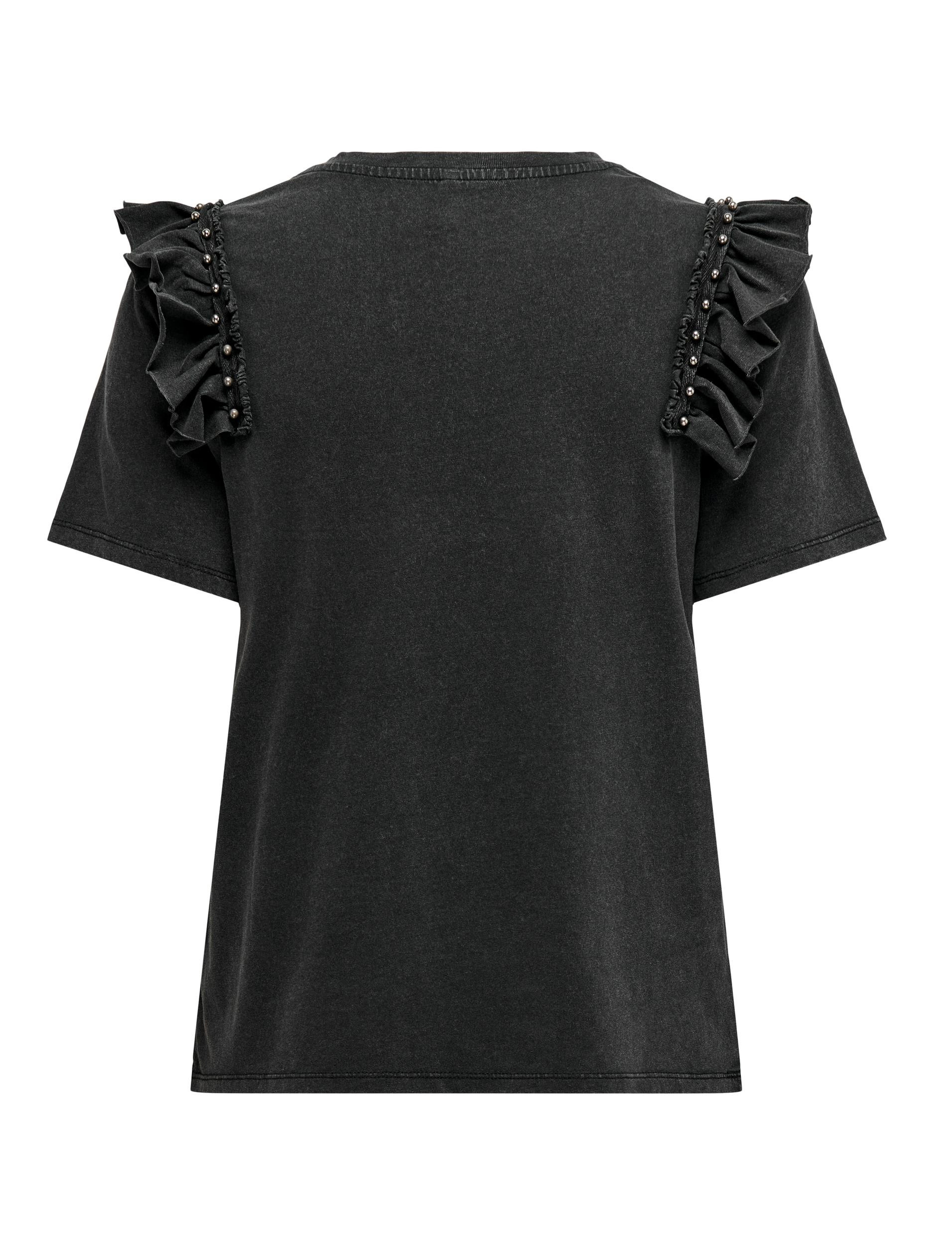 Only - Regular fit cotton T-shirt with ruffles, Black, large image number 1