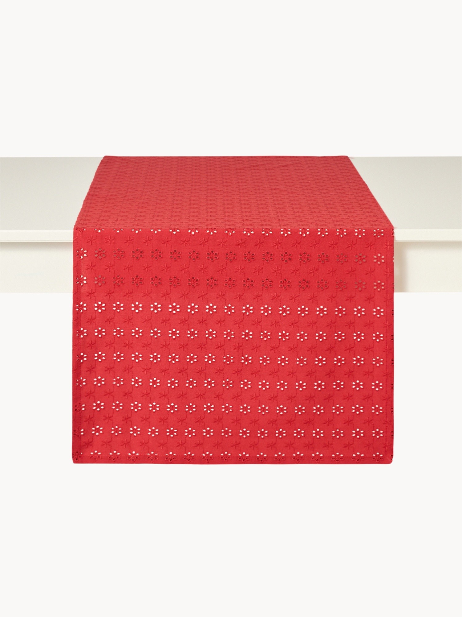 Pure cotton table runner with broderie anglaise embroidery, Red, large image number 0