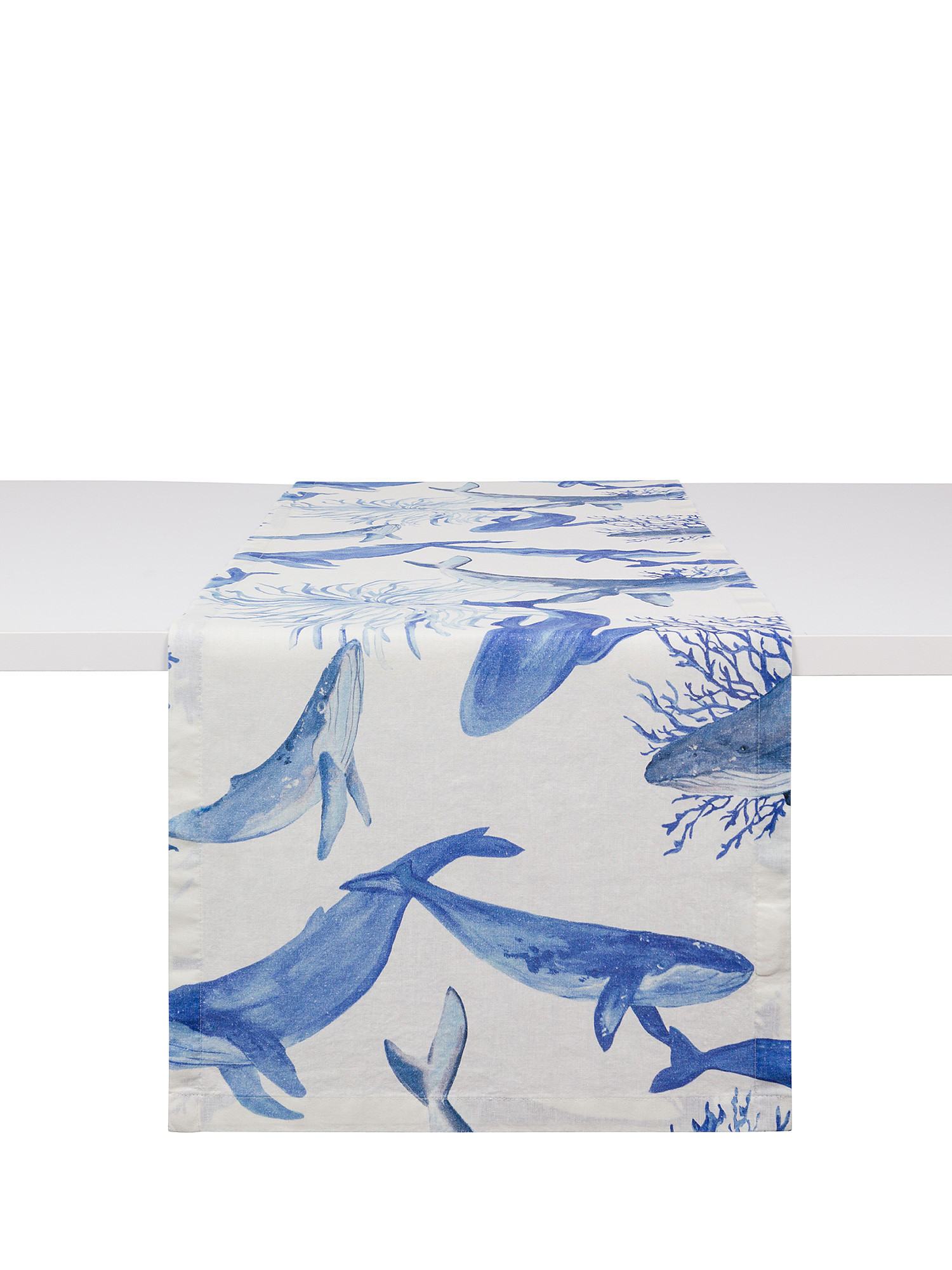 Whale print runner in washed linen blend, White / Blue, large image number 0