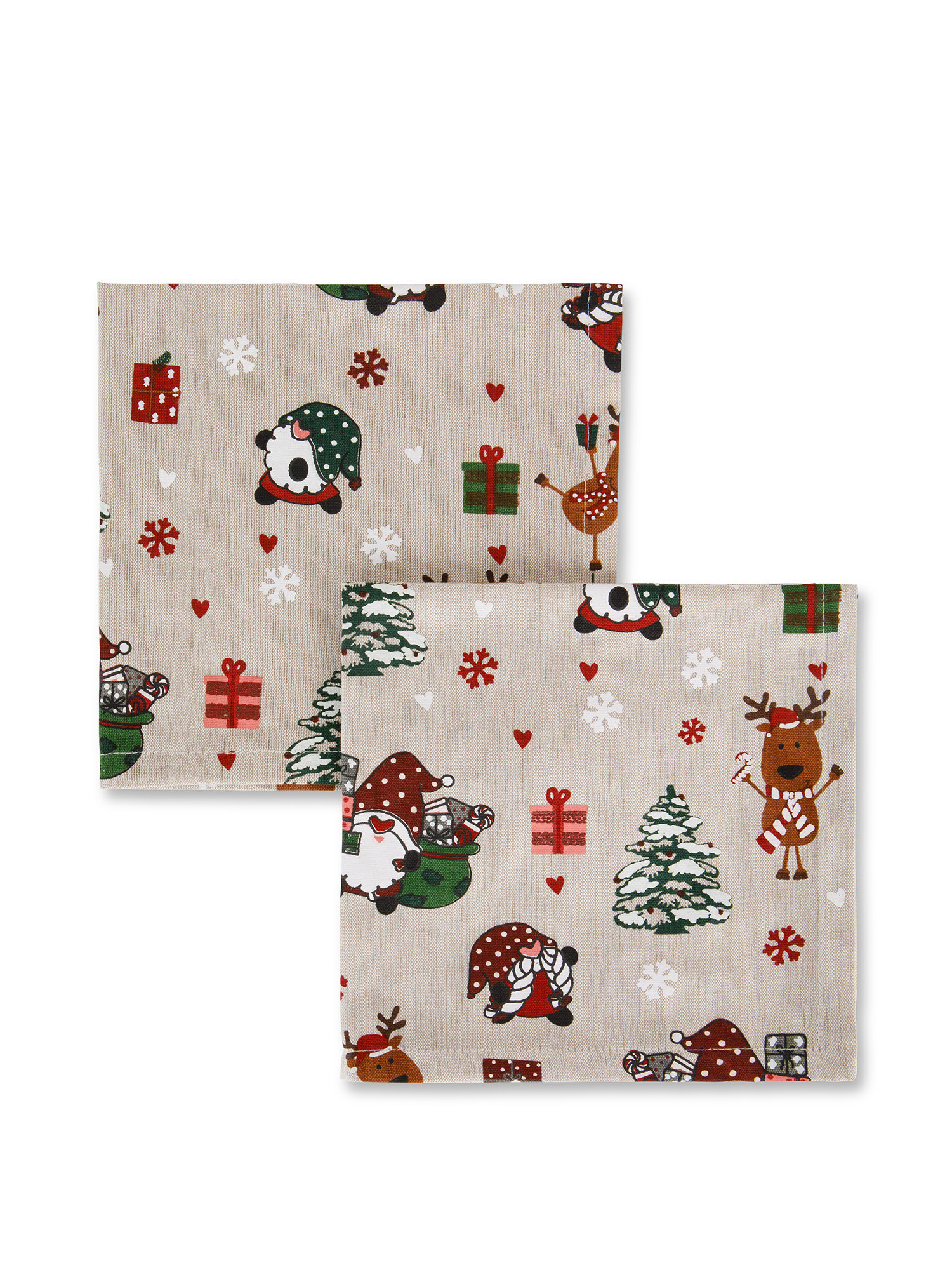 Set 2 tovaglioli panama di cotone stampa natalizia, Beige, large image number 0