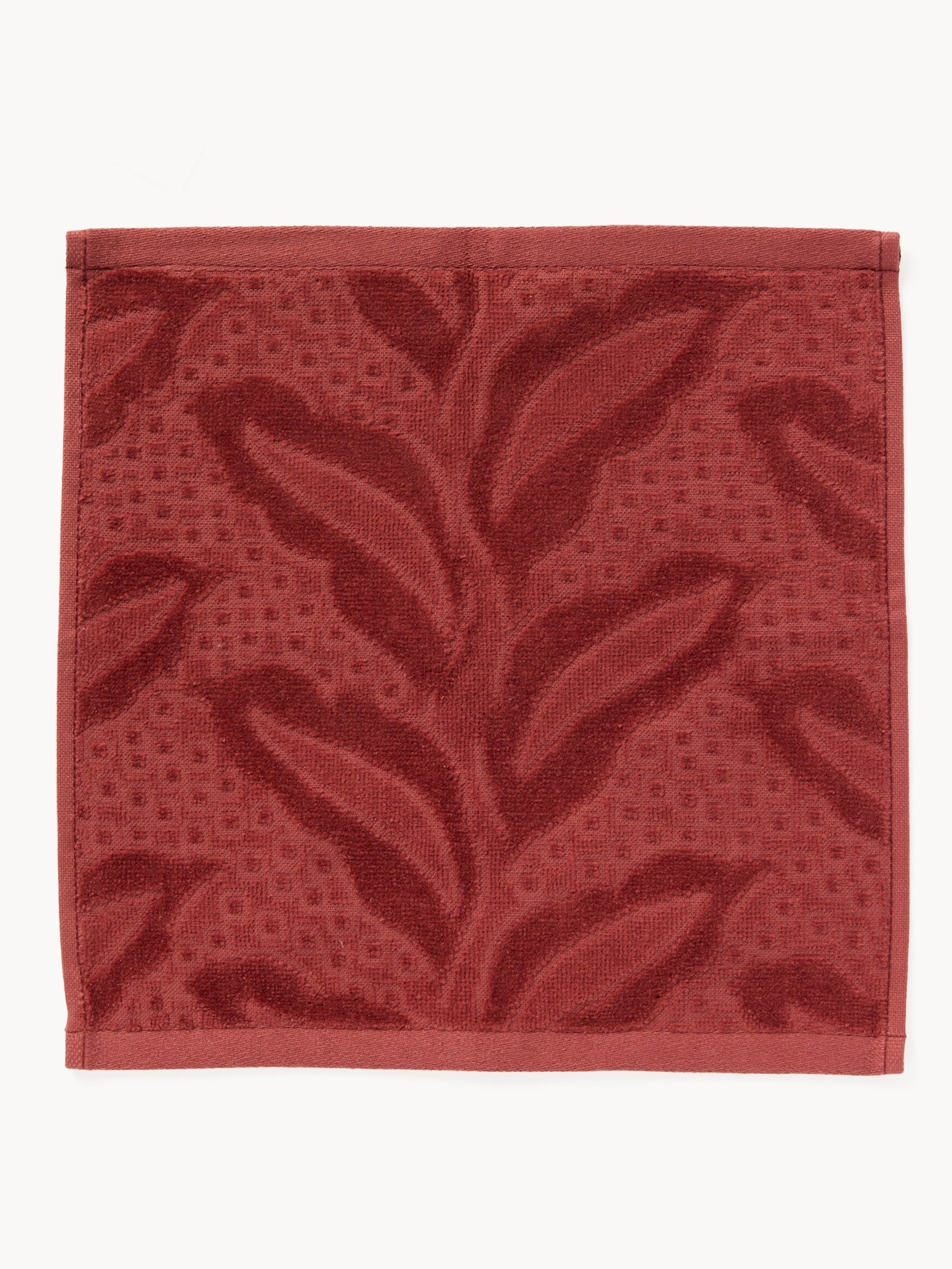 Set of 2 cotton velour washcloths with a jacquard leaf motif, Red Bordeaux, large image number 1