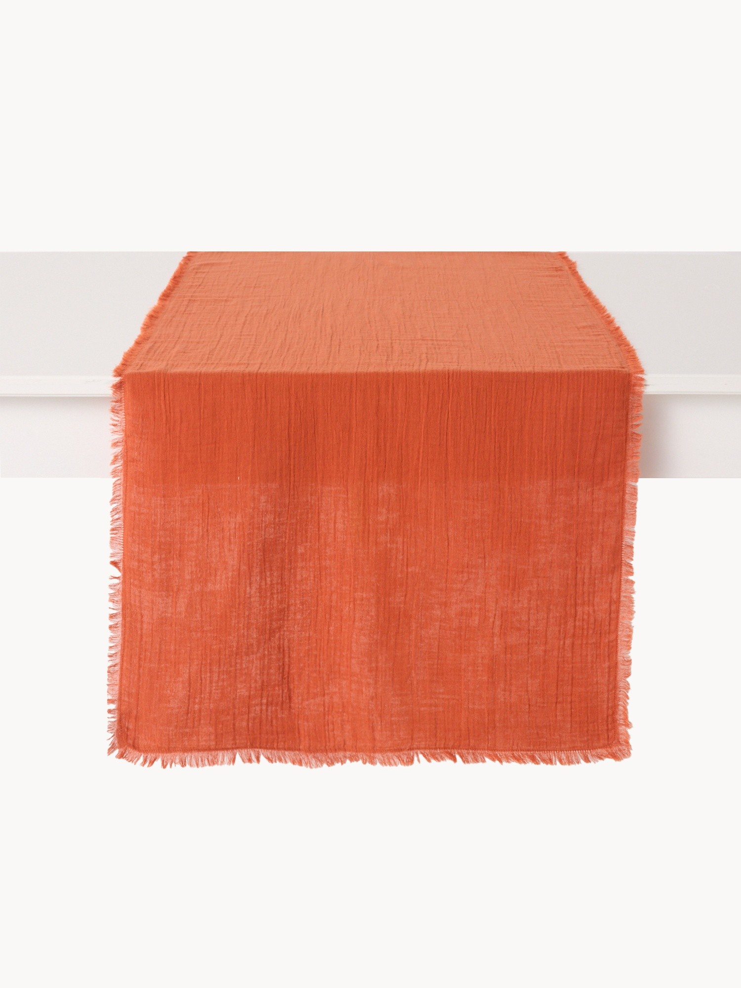 Cotton muslin table runner with fringe, Orange, large image number 1
