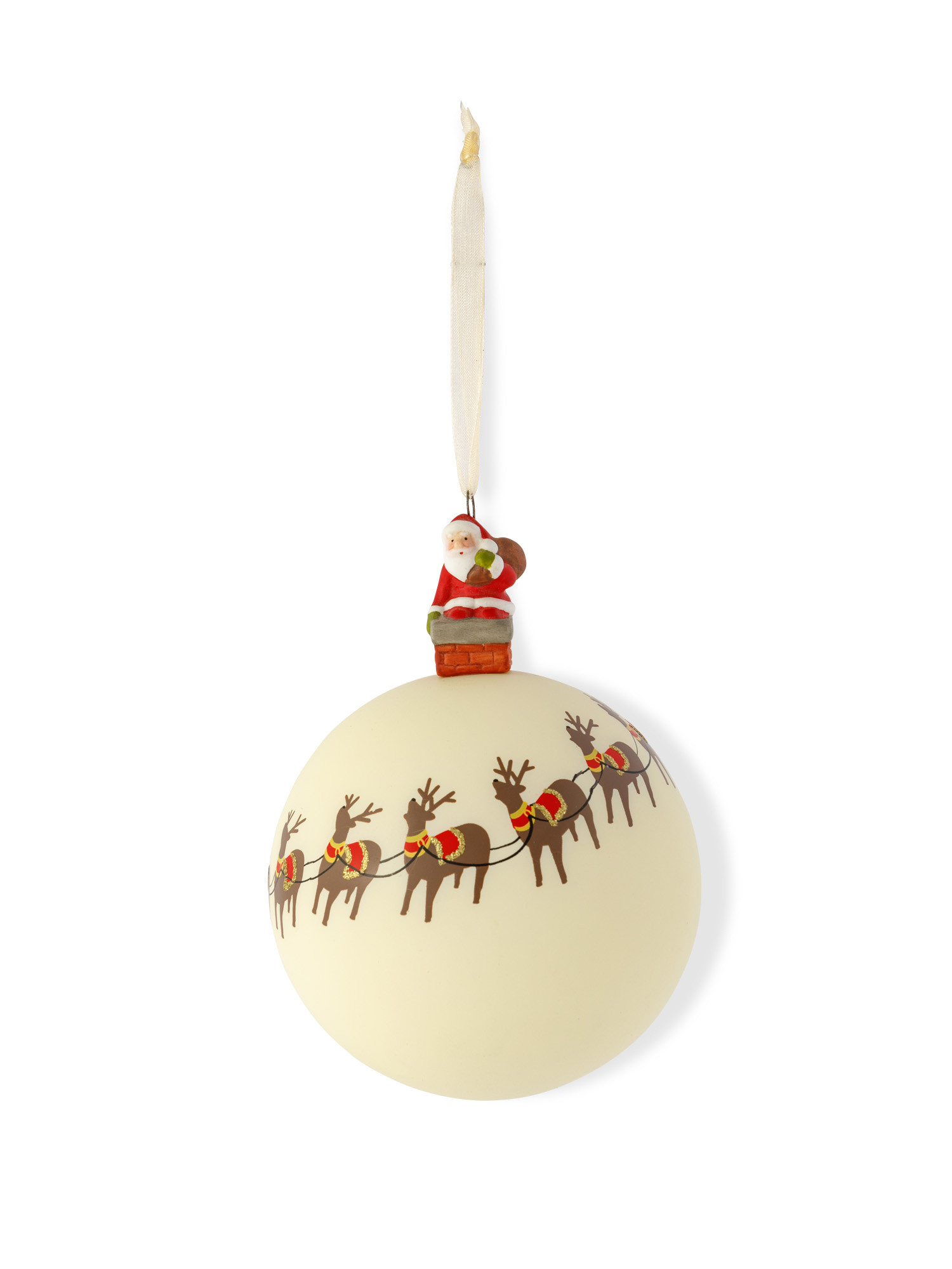 Hand decorated glass sphere with father and reindeer, White, large