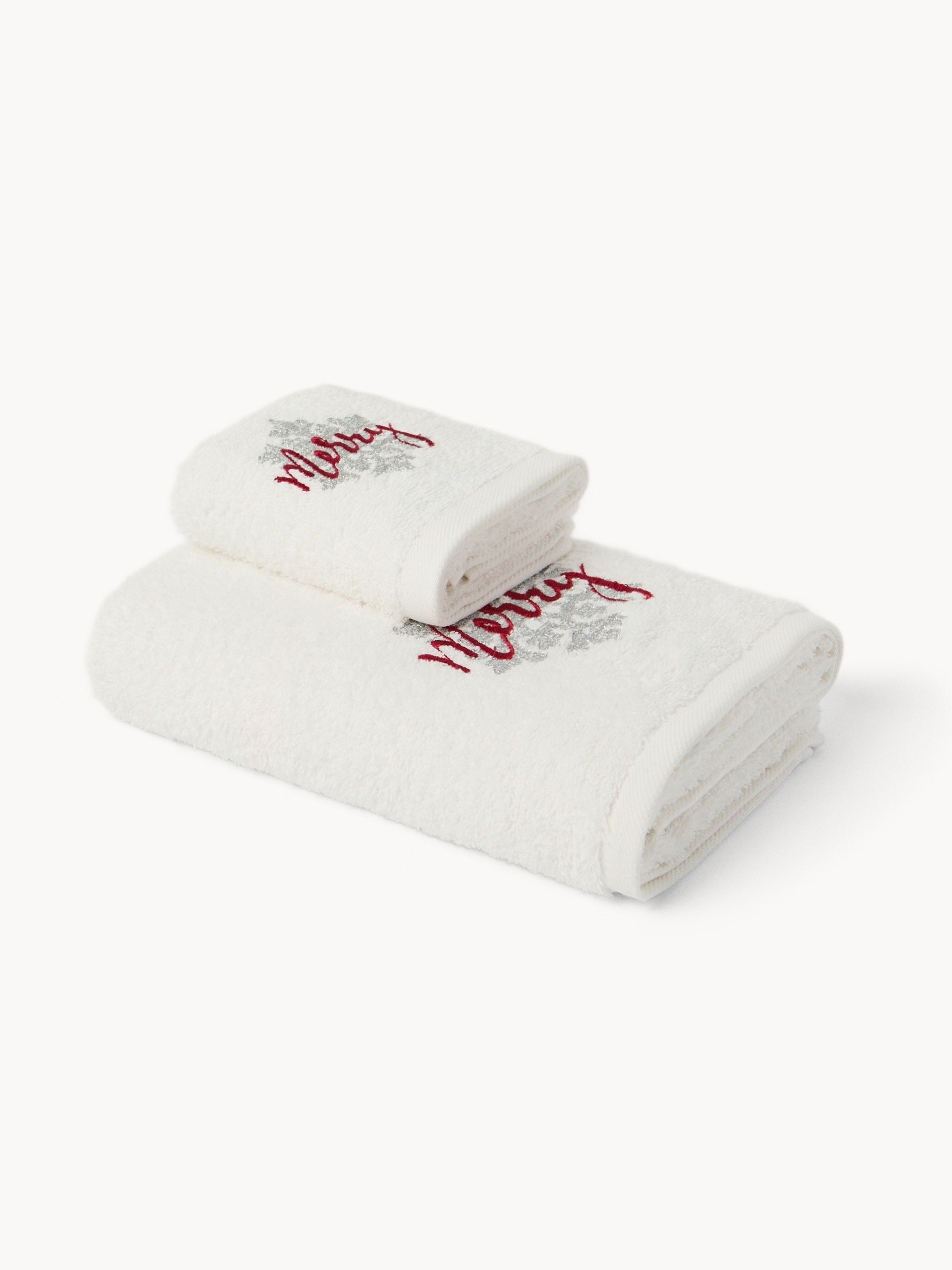 Set 2 asciugamani in spugna di cotone con fiocco di neve ricamato, Bianco, large image number 0