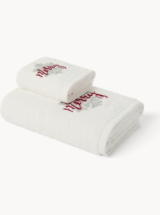 Set 2 asciugamani in spugna di cotone con fiocco di neve ricamato