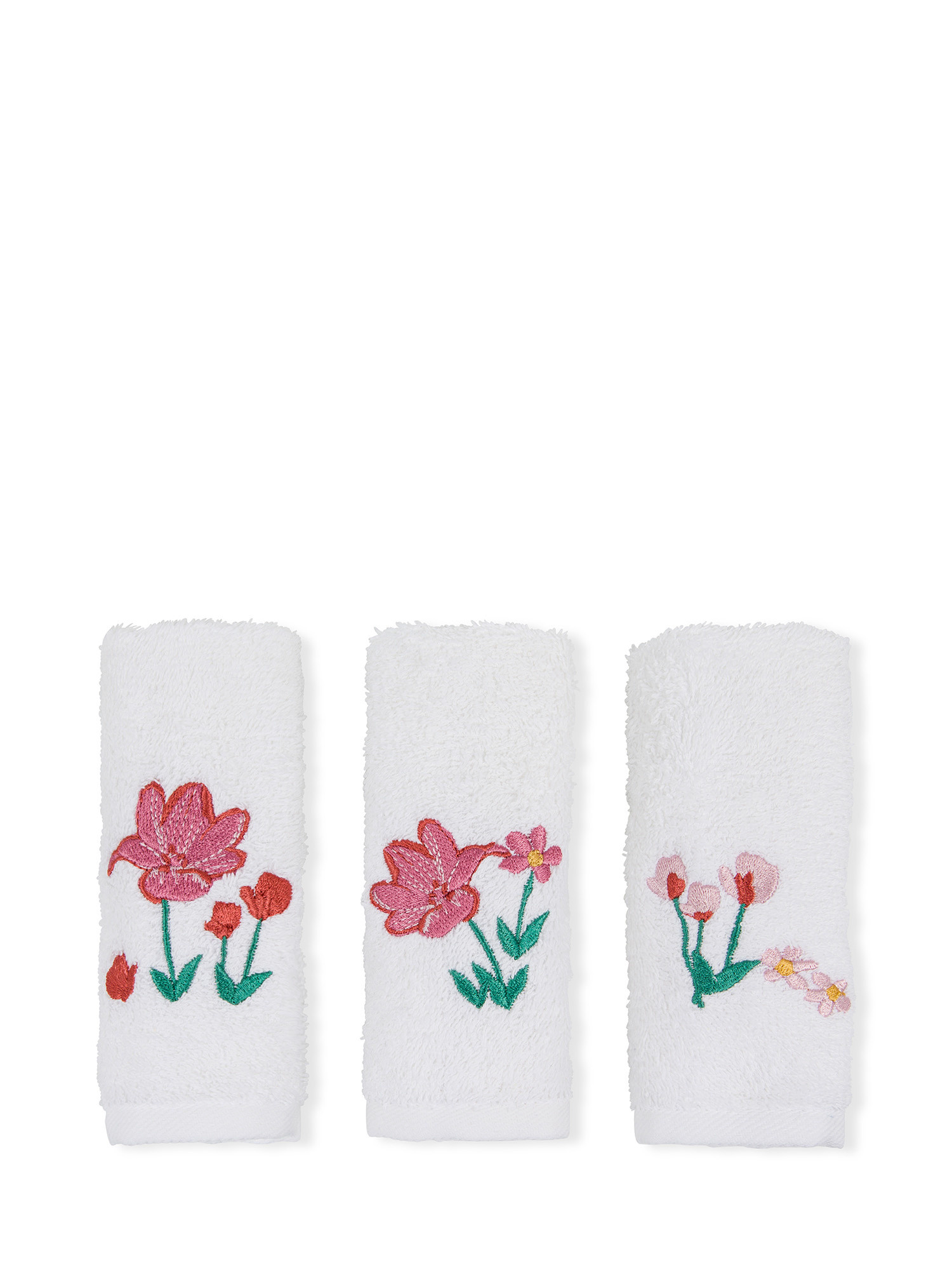 Set of 3 cotton terrycloth washcloths with floral embroidery, Red, large image number 0