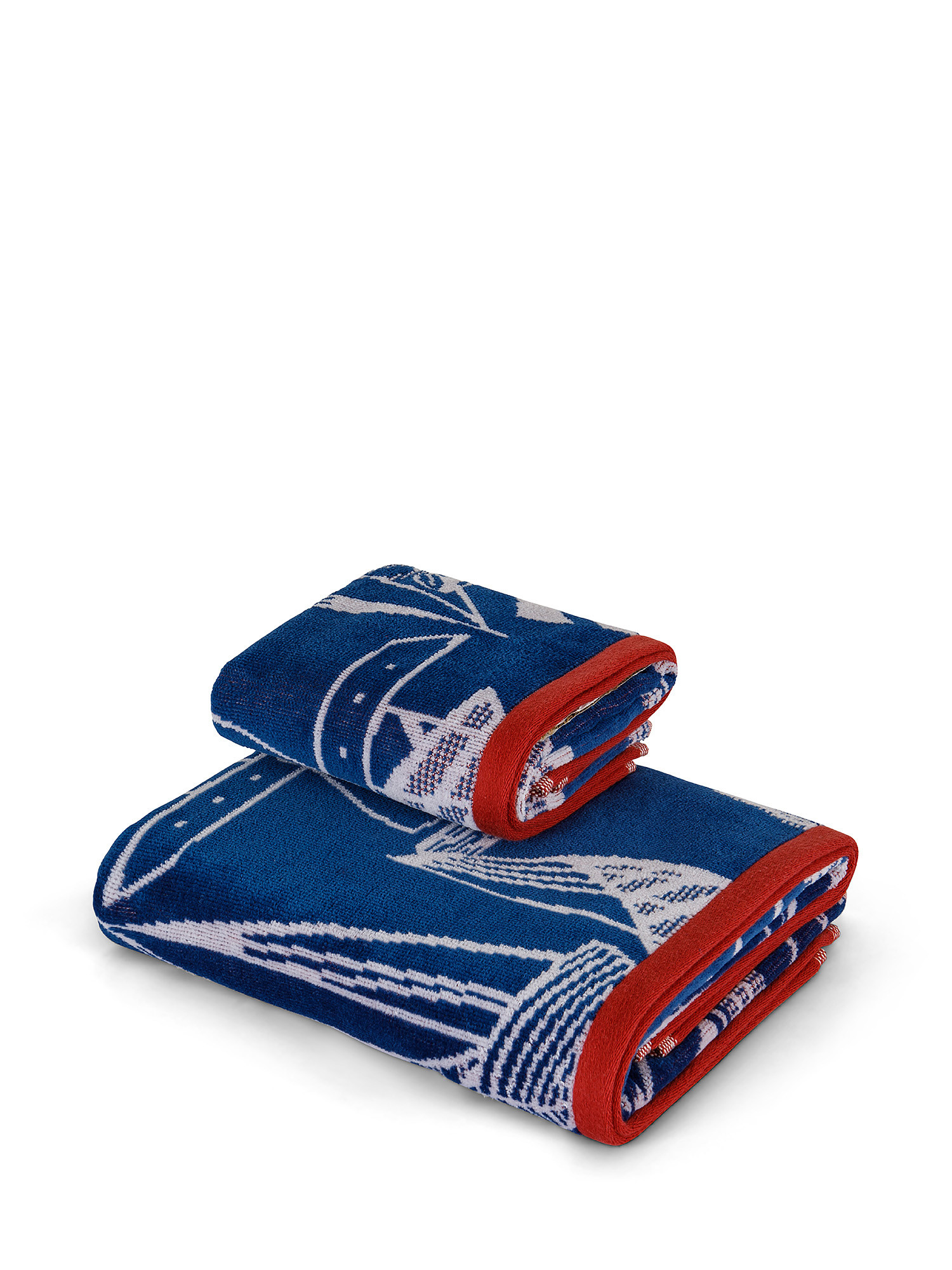Cotton velor towel with boat motif, Blue, large image number 0