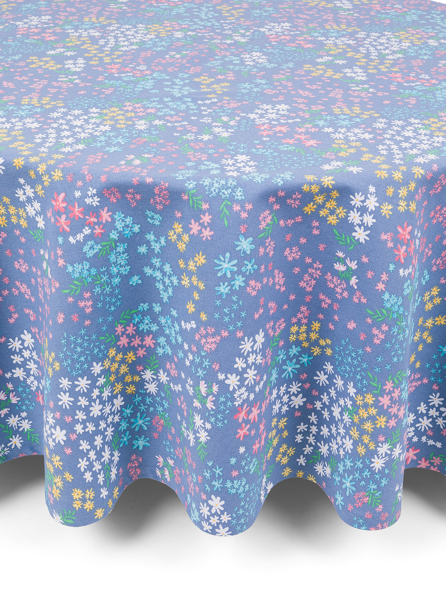 Round water-repellent pure cotton tablecloth with flower print, Blue, large image number 0