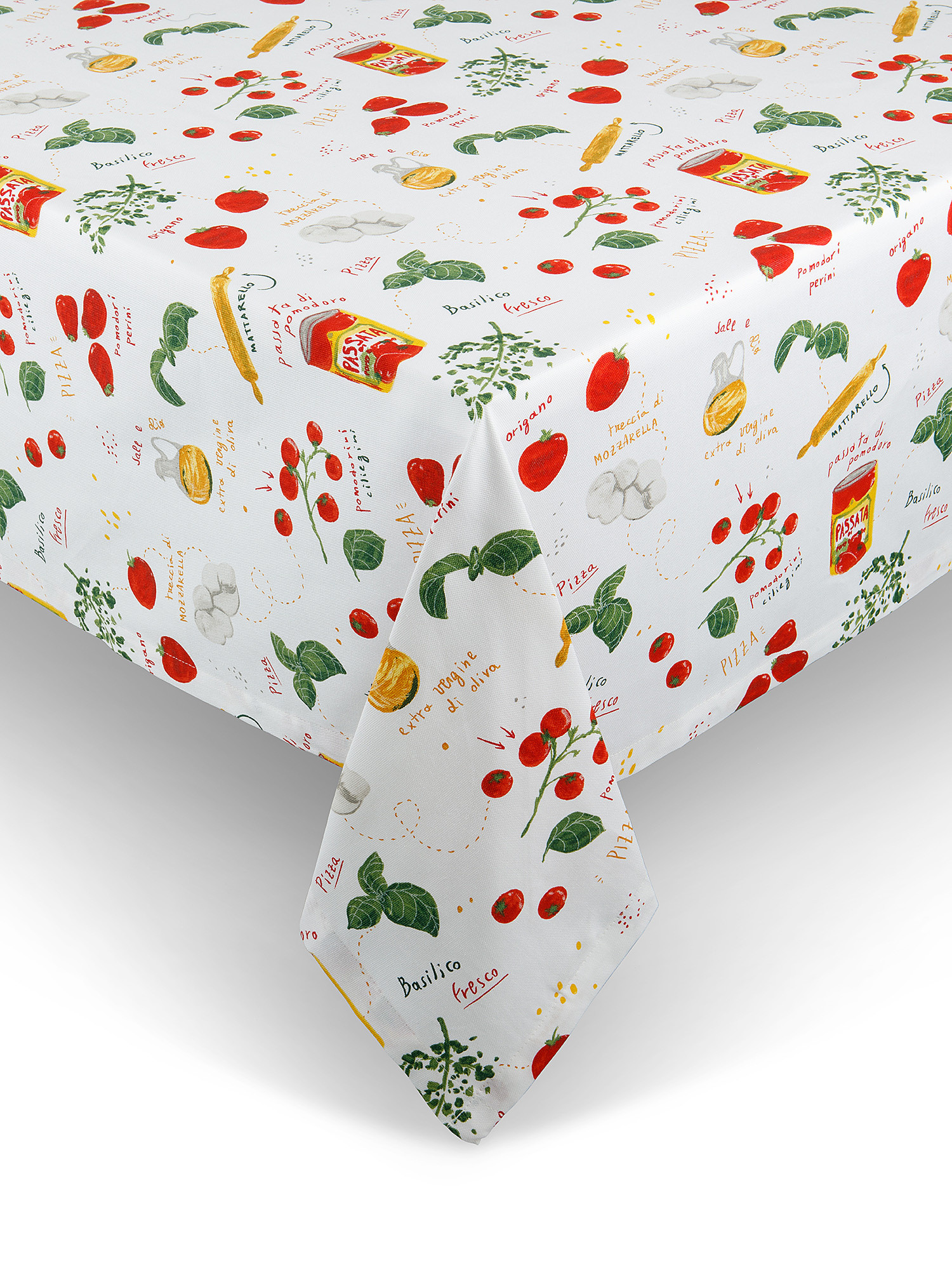 Water-repellent cotton panama tablecloth with pizza print, White, large image number 0