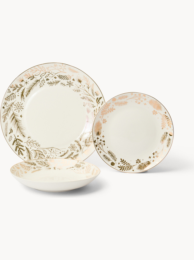 Set of 18 New Bone China plates with foliage decoration