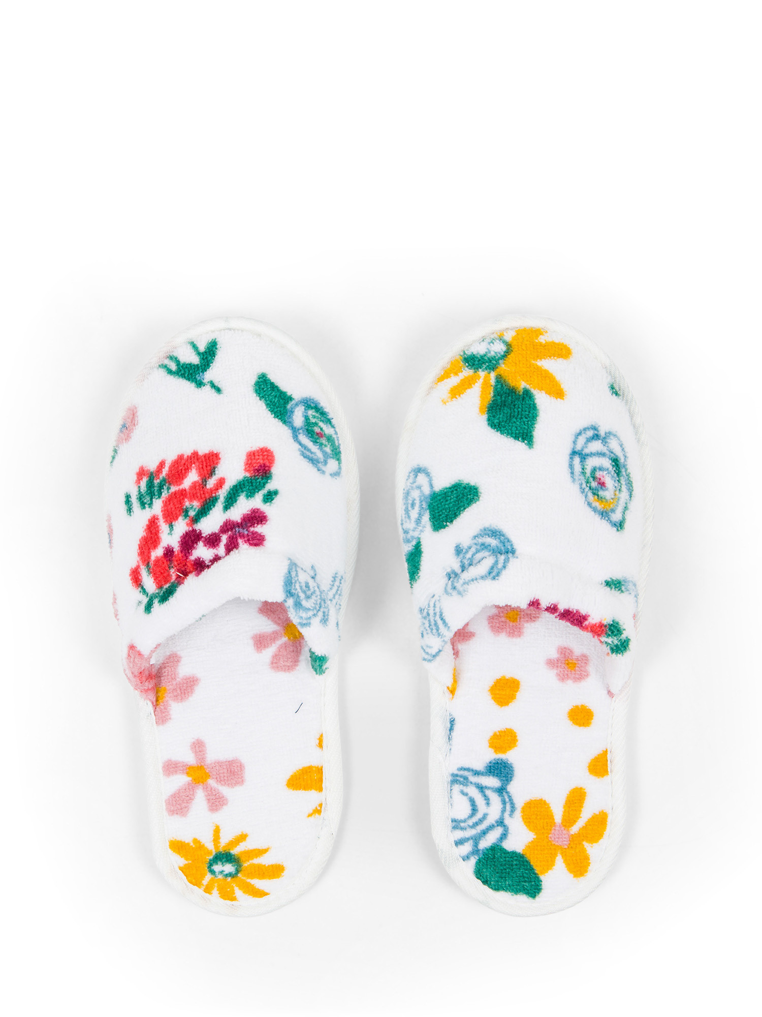 Velour cotton terry slippers with floral print, White, large image number 0