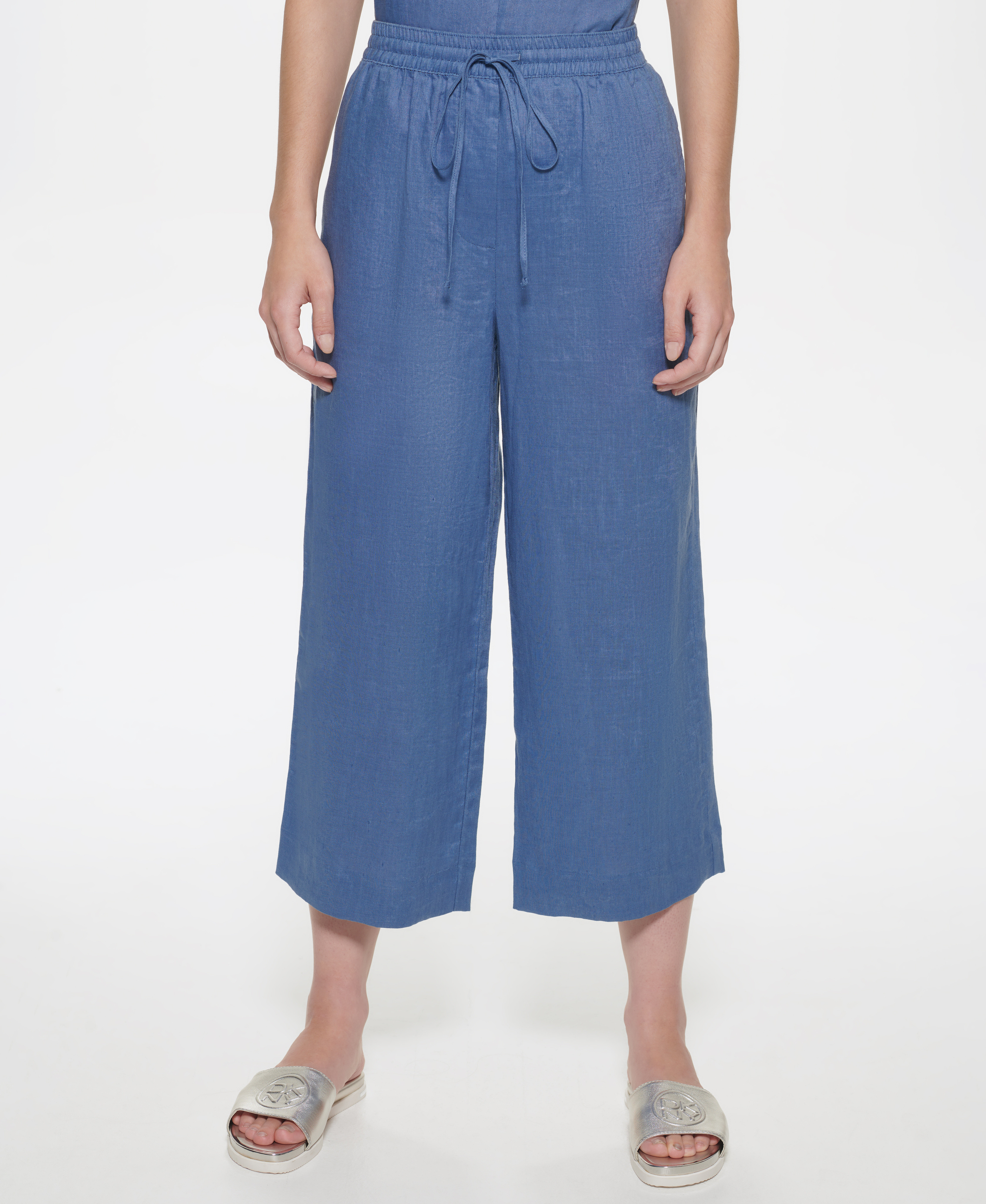 Pantalone a gamba ampia in lino, Blu, large