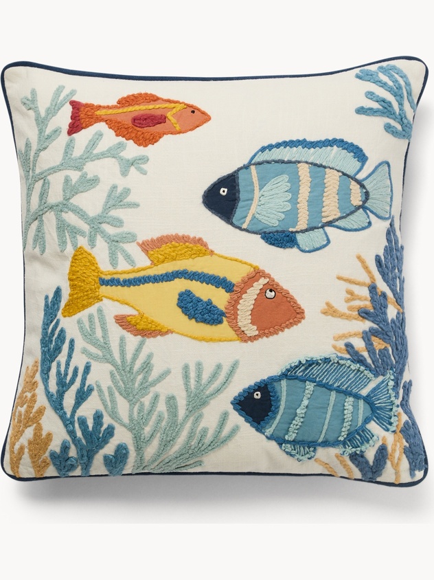 Embroidered Fish Cotton Cushion 45x45cm - Introductory Price