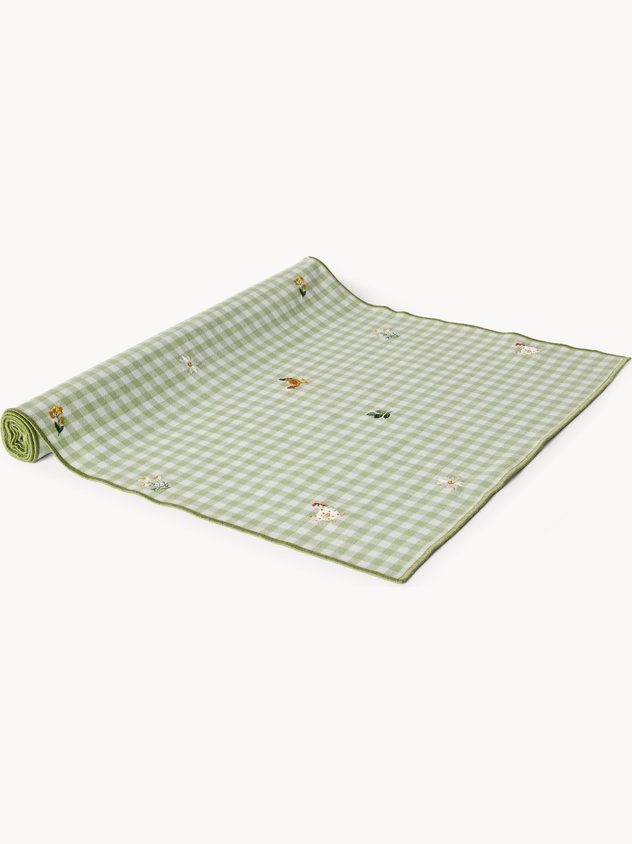 Embroidered gingham cotton table runner