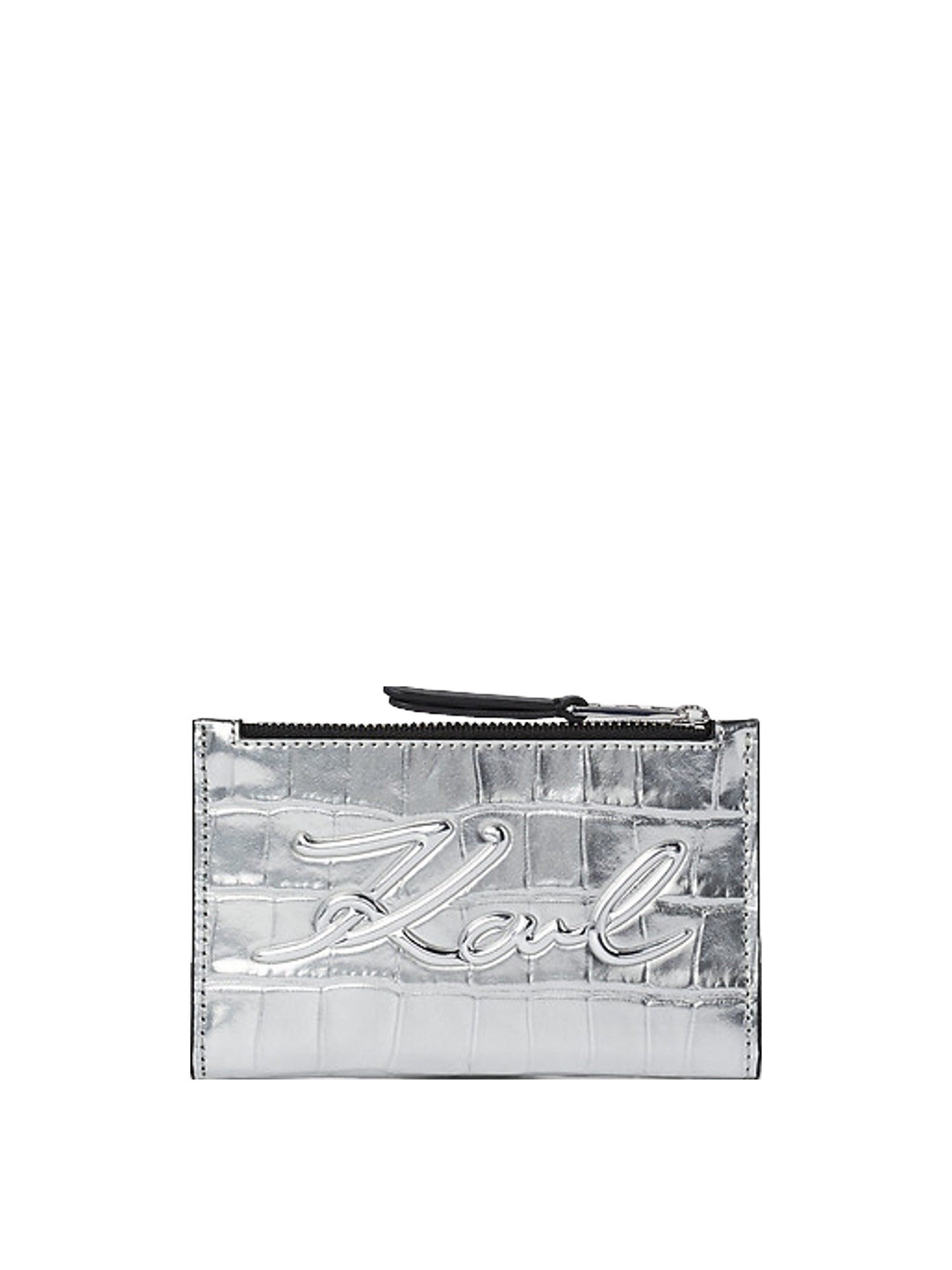 Karl Lagerfeld - K/signature porta carte di credito goffrato effetto coccodrillo con chiusura superiore a zip, Silver Grey, large image number 0
