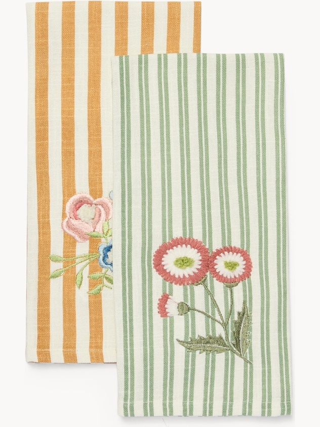 Strofinaccio in puro cotone tinto filo a righe con ricamo floreale - Prezzo di lancio
