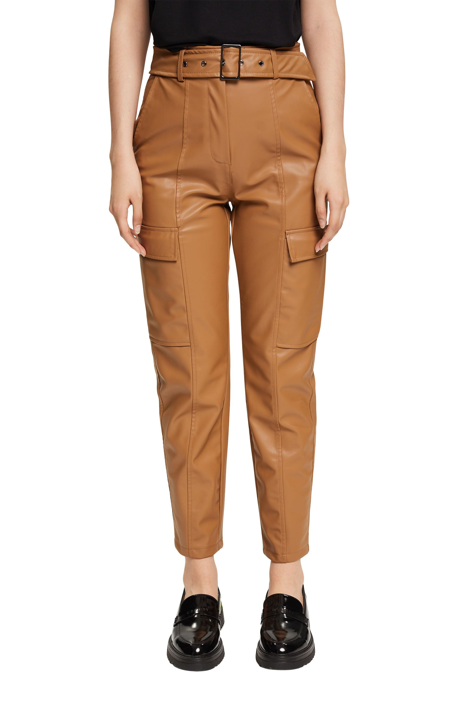 Faux leather trousers with belt, Light Brown, large image number 1