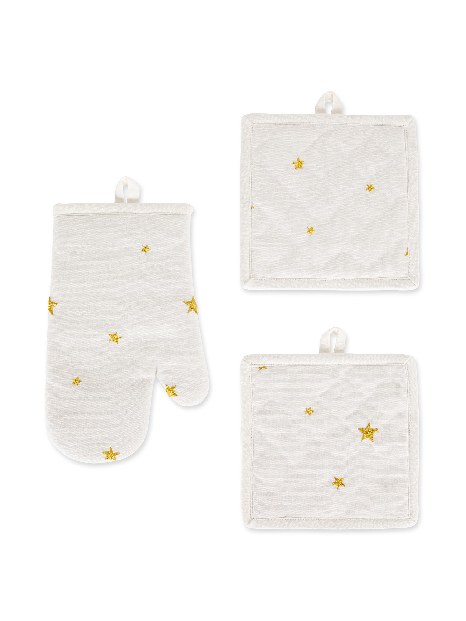 Set of 2 pot holders and kitchen mitt with star embroidery, Gold, large image number 0
