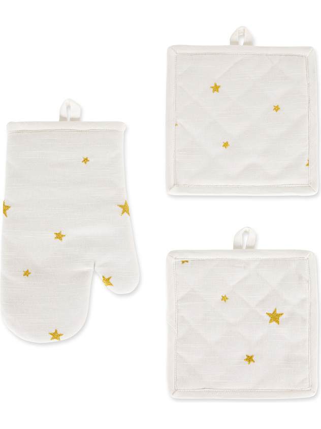 Set of 2 pot holders and kitchen mitt with star embroidery