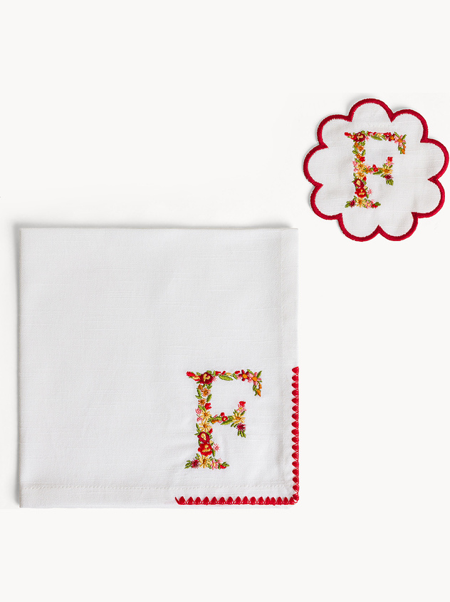 Napkin and coaster set with embroidered letter F