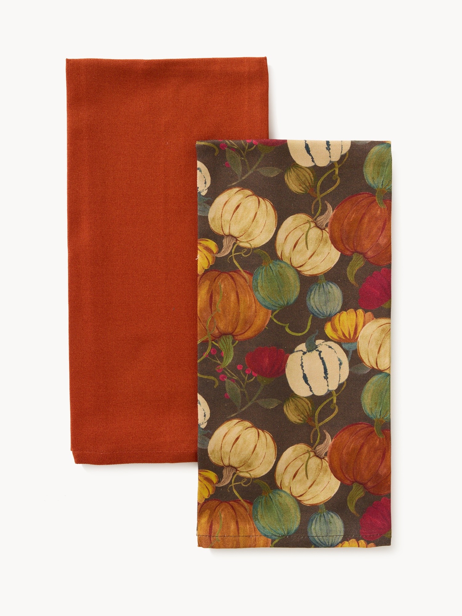 Set of 2 cotton tea towels with print and solid color, Multicolor, large image number 0