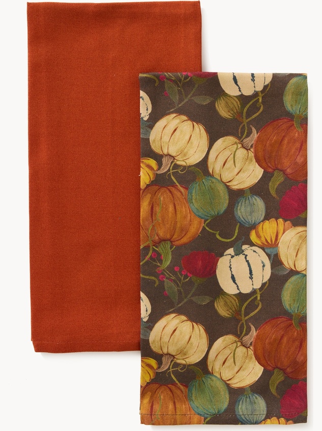 Set of 2 cotton tea towels with print and solid color
