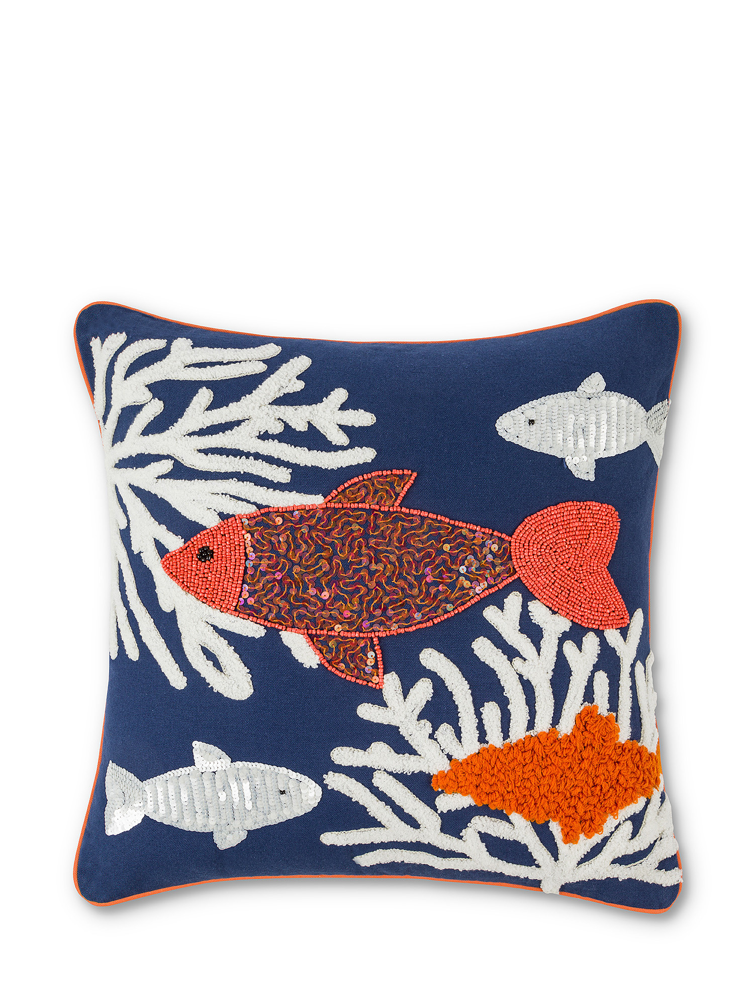 Cotton cushion with fish embroidery 45x45cm, Blue, large image number 0